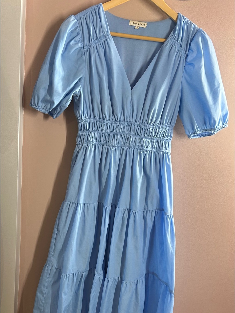 Moon River Sky Blue Tiered V-Neck Midi Dress